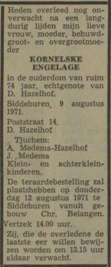 overlijdensadvertentie kornelske engelage in 1971.